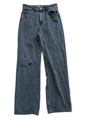 H&M Womens Charcoal Black High-Rise Straight Leg Distressed Ripped Jeans Size 8